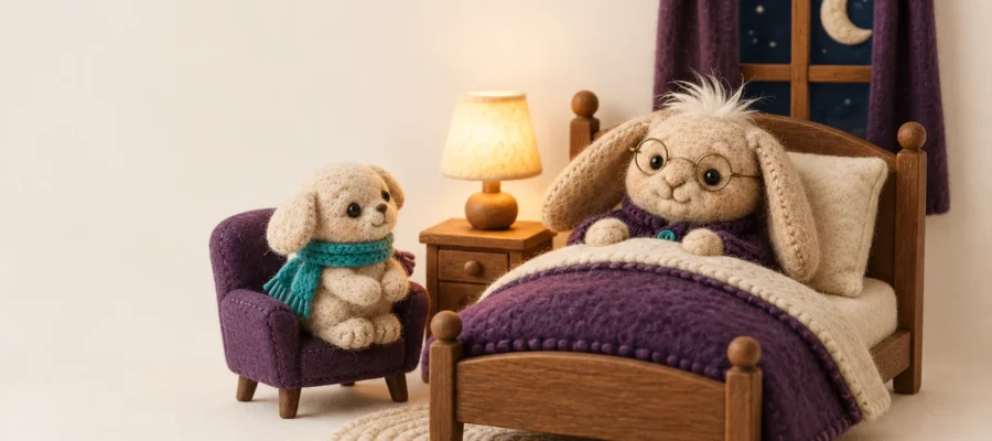 24 hour home care Indianapolis: night scene: Aken's felt plush grandparent tucked into a small plum bed, a tiny bedside lamp glowing warmly, a young caregiver plush sitting awake in a little chair nea