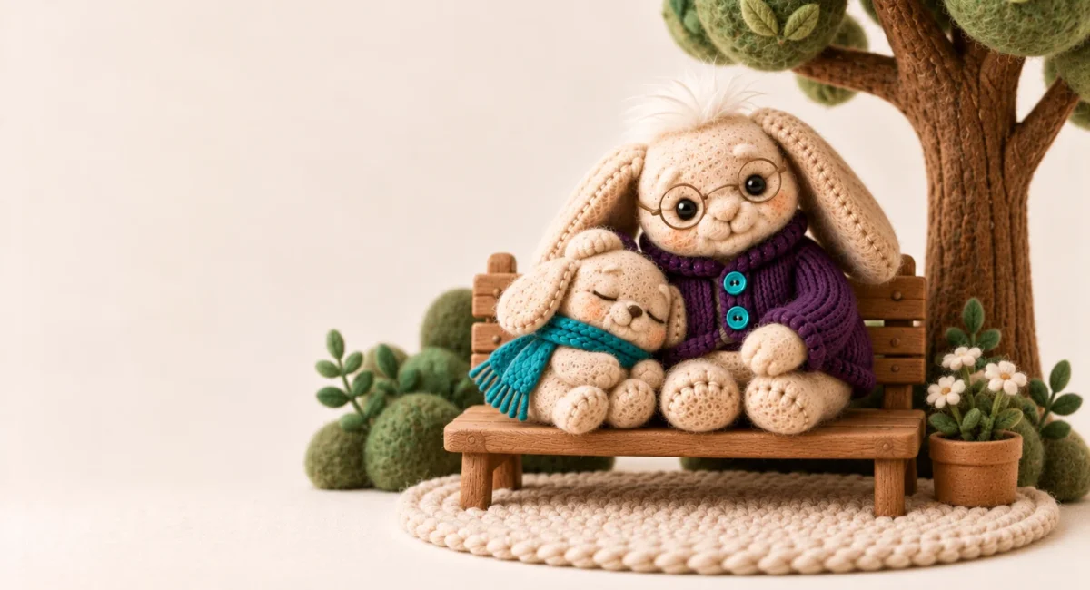Caregiver burnout: a young caregiver plush resting peacefully on a small wooden garden bench under a little felt tree, eyes closed
