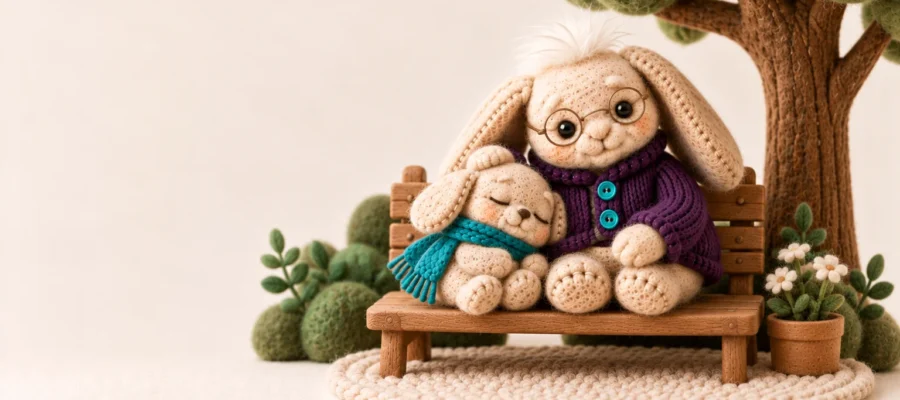 Caregiver burnout: a young caregiver plush resting peacefully on a small wooden garden bench under a little felt tree, eyes closed
