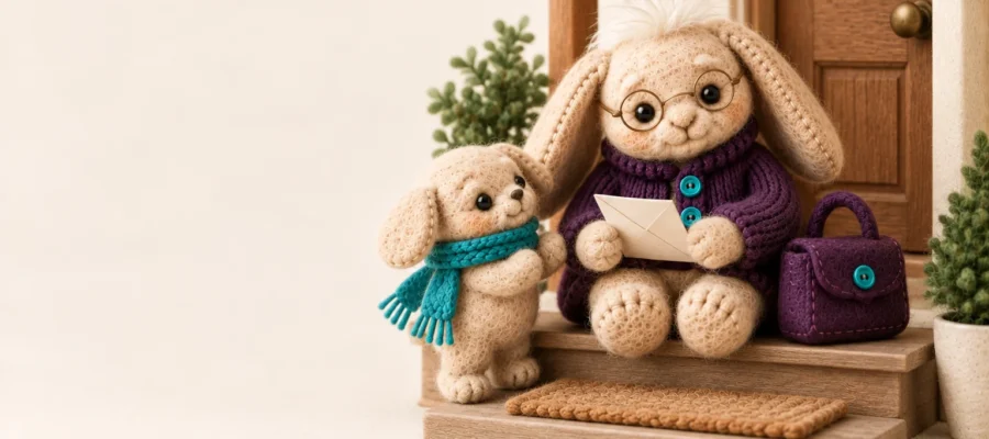 Does Medicare pay for home care: Aken's felt plush grandparent sitting on a small doorstep holding a folded paper, a tiny felt bag at its side, ready for a visit
