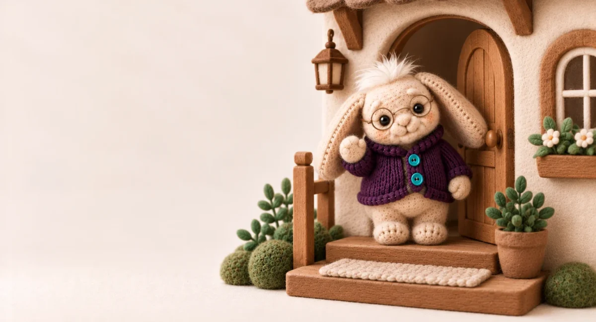 Home care Carmel IN: Aken's felt plush grandparent waving from the porch of a small felt house with a tiny potted plant by the door