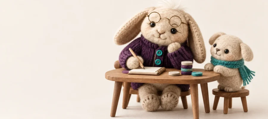 Home care cost Indianapolis: Aken's felt plush grandparent at a tiny wooden table with reading glasses pushed up, a little notebook and a small neat stack of felt coins, thoughtfully planning