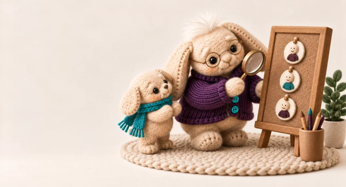 Home health aide Indianapolis: Aken's felt plush grandparent studying three tiny felt name badges pinned to a small board, holding a little magnifying glass