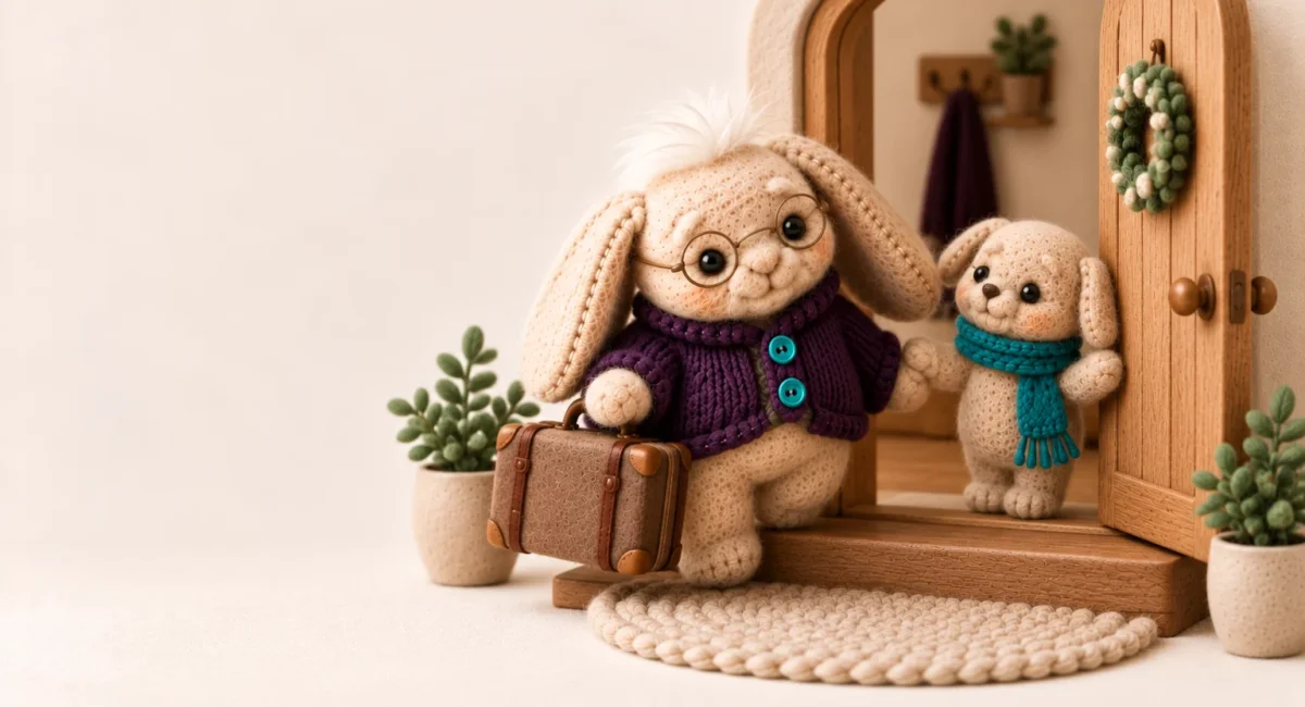 Hospital discharge checklist home care: Aken's felt plush grandparent arriving home holding a tiny suitcase while a young caregiver plush holds the front door open