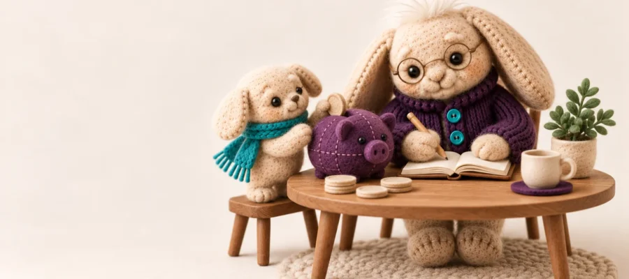 How to pay for home care Indiana: Aken's felt plush grandparent beside a small plum felt piggy bank, writing in a tiny notebook
