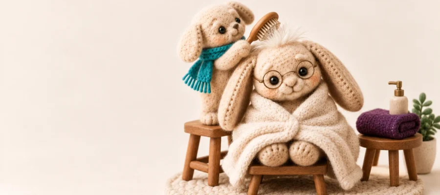 Personal care assistance Indianapolis: Aken's felt plush grandparent wrapped in a fluffy little ivory towel, a young caregiver plush gently brushing its white hair tuft with a tiny hairbrush