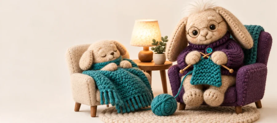 Respite care Indianapolis: a young caregiver plush resting with eyes closed in a cozy armchair under a blanket, while Aken's felt plush grandparent sits nearby happily knitting