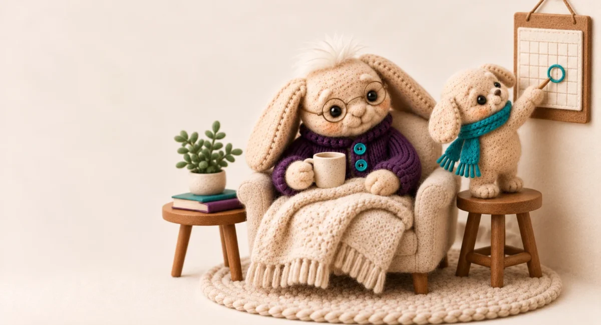 Skilled nursing at home Indianapolis: Aken's felt plush grandparent resting in an armchair with a blanket while a young caregiver plush points to a day circled on a small wall calendar