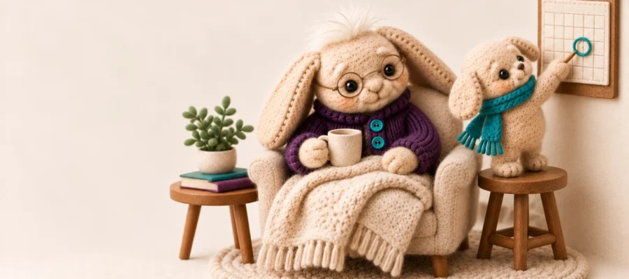 Skilled nursing at home Indianapolis: Aken's felt plush grandparent resting in an armchair with a blanket while a young caregiver plush points to a day circled on a small wall calendar