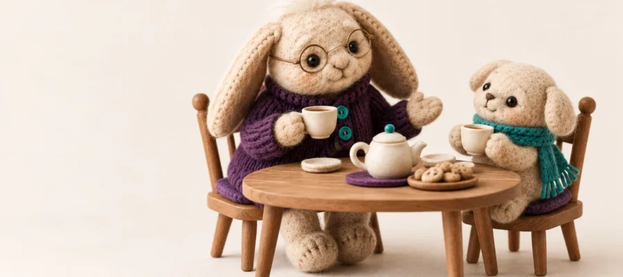 Companion care Indianapolis: Aken's felt plush grandparent and a young caregiver plush sharing tea at a tiny wooden table, mid-conversation, both smiling