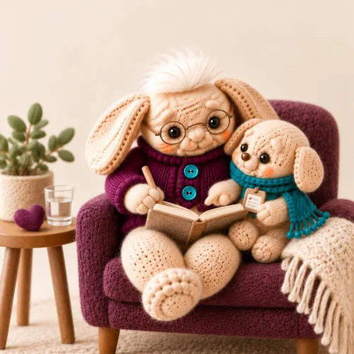 Wellness coordination Indianapolis: Aken's young caregiver plush reviewing a wellness plan notebook with the felt plush grandparent